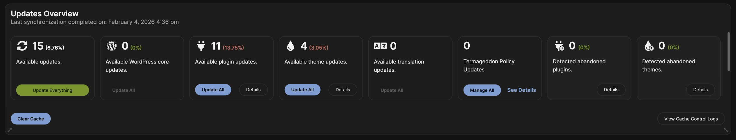 Update Overview widget showing WordPress, plugin, theme, and translation updates