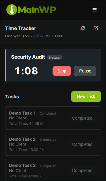 MainWP Browser Extension Time Tracker view with timer controls and paused timers