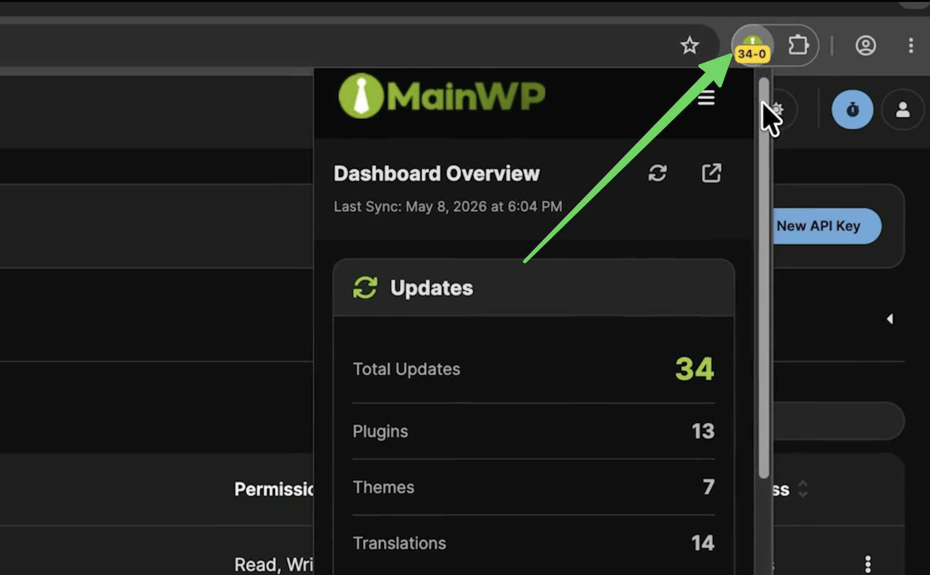MainWP Browser Extension toolbar popup showing update and tracker status
