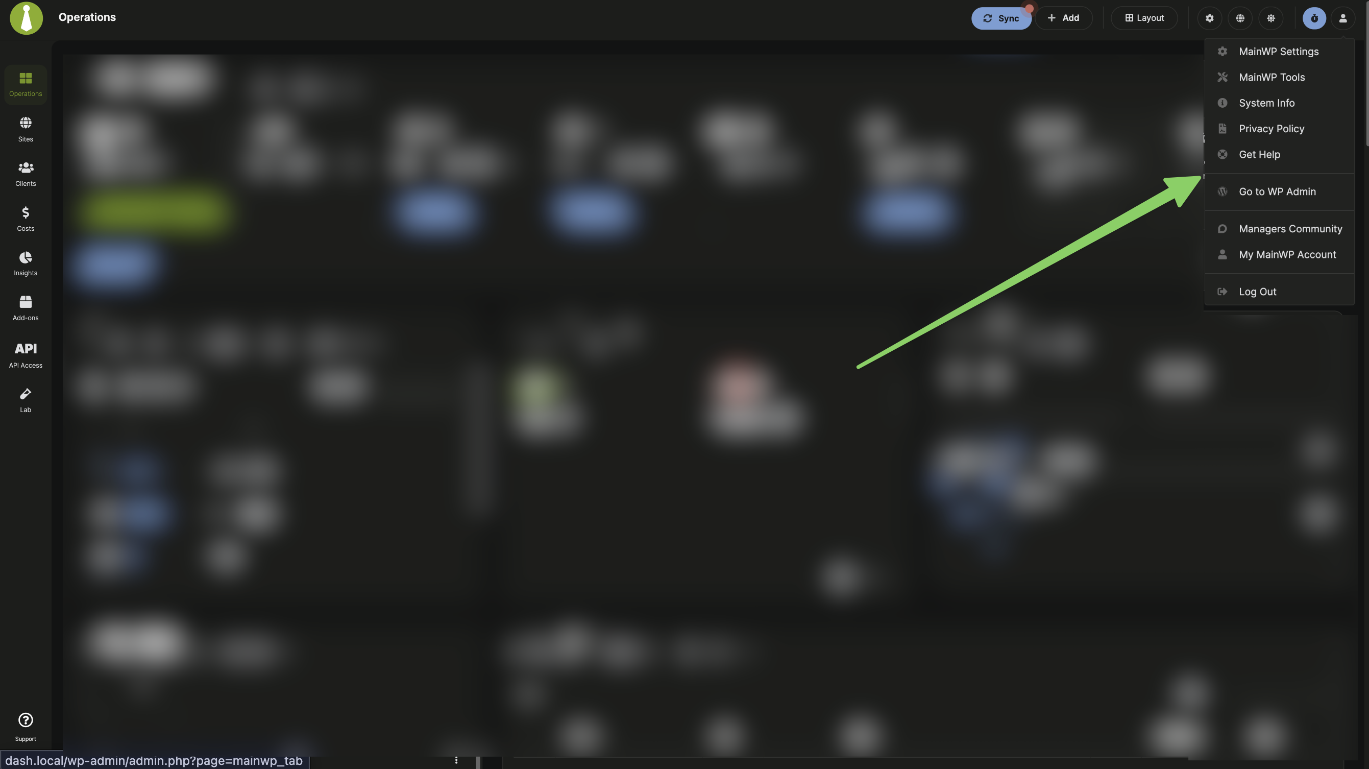 MainWP Dashboard header with sync, add new, and user menu options