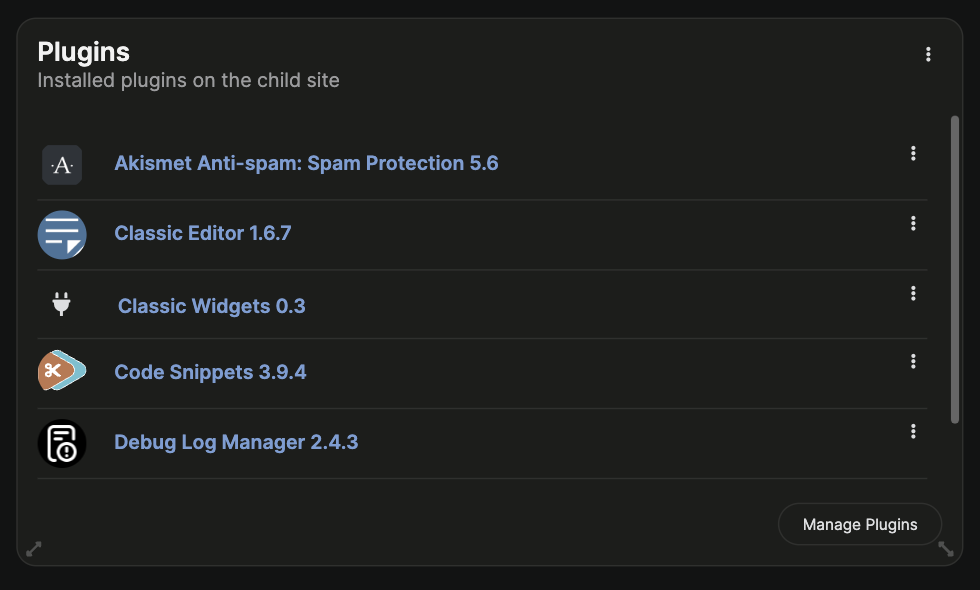 Plugins widget displaying installed plugins list