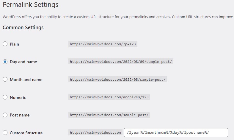 Permalinks settings