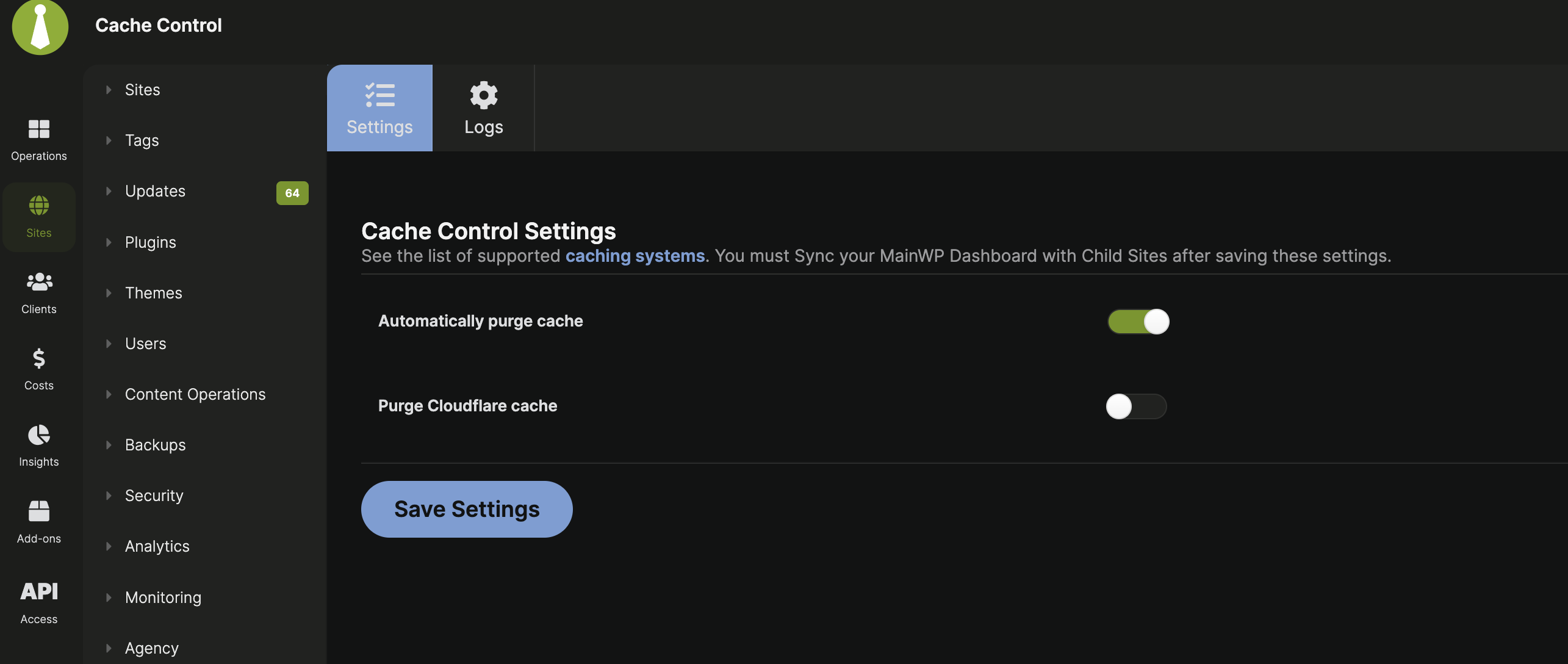 Cache Control global settings with Automatically purge cache and Purge Cloudflare cache toggles