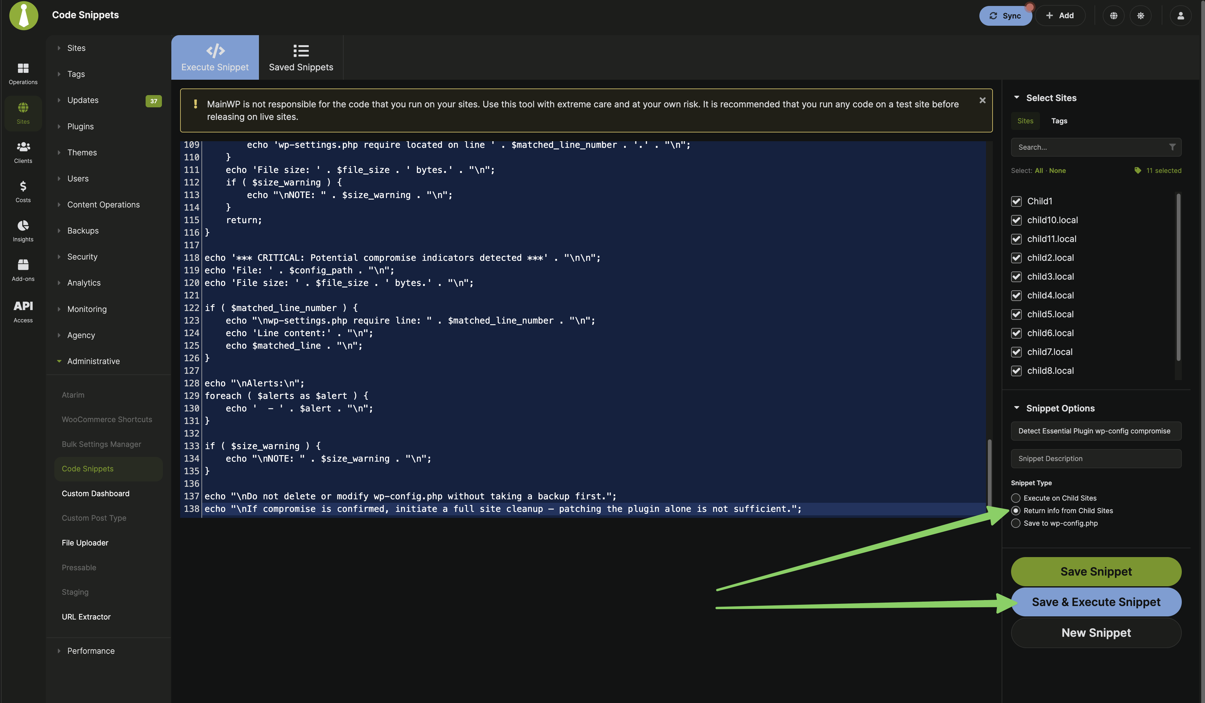 MainWP Code Snippets screen with Return info from Child Sites selected and Save and Execute Snippet highlighted