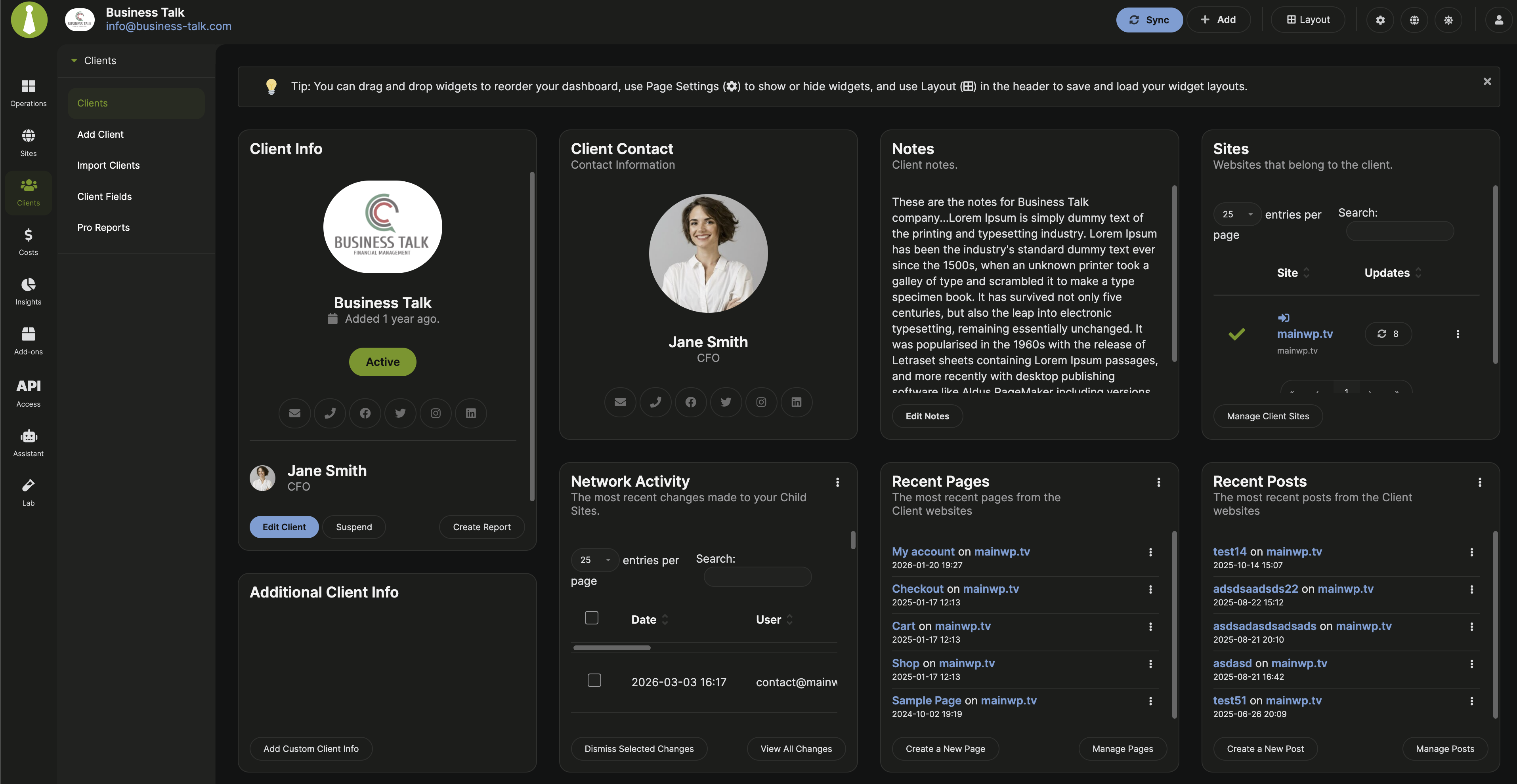 Recent Posts, Recent Pages, and Network Activity widgets on the Client Card