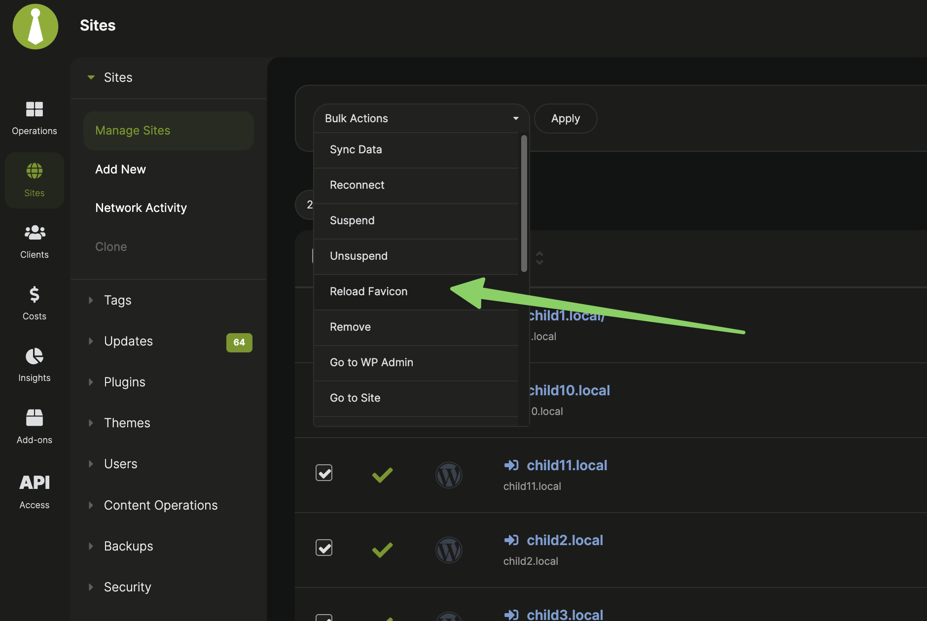 Manage Sites bulk actions menu with Reload Favicon selected
