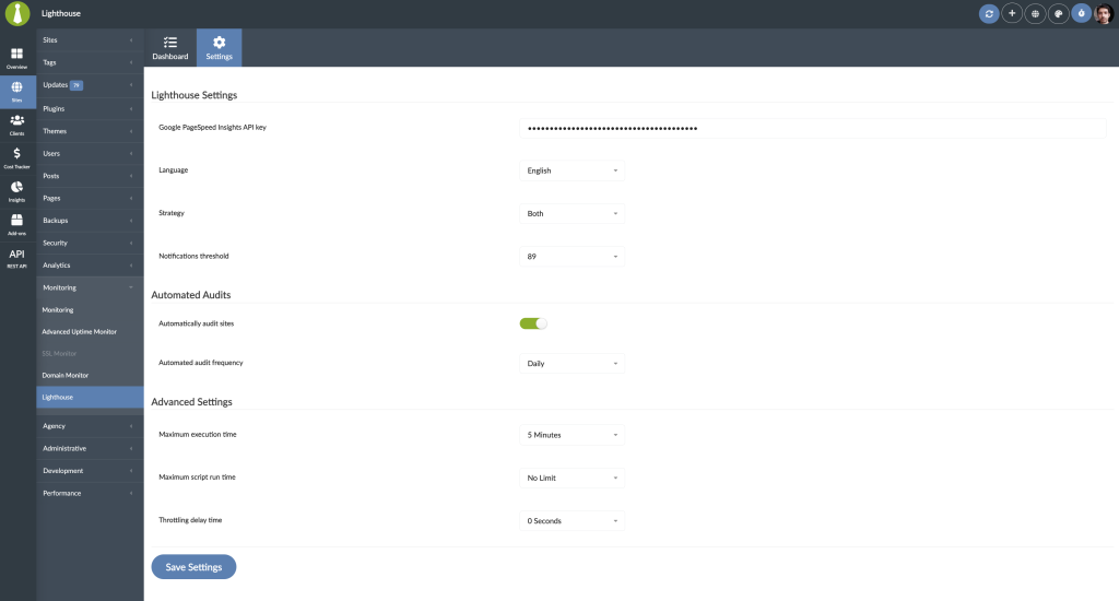 Screenshot of Lighthouse settings page showing all configuration options