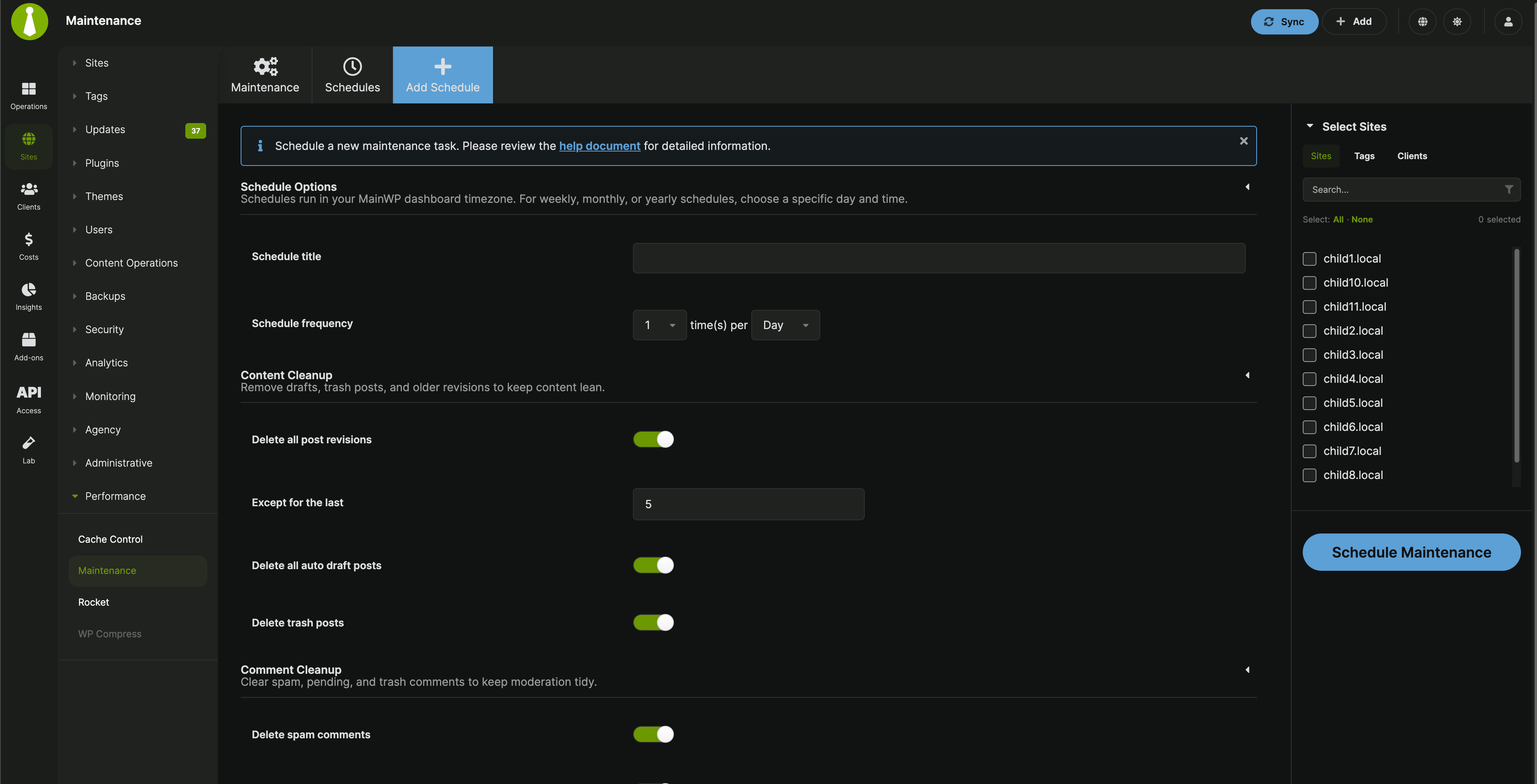 MainWP Maintenance create new schedule screen with schedule options, maintenance tasks, and site selection