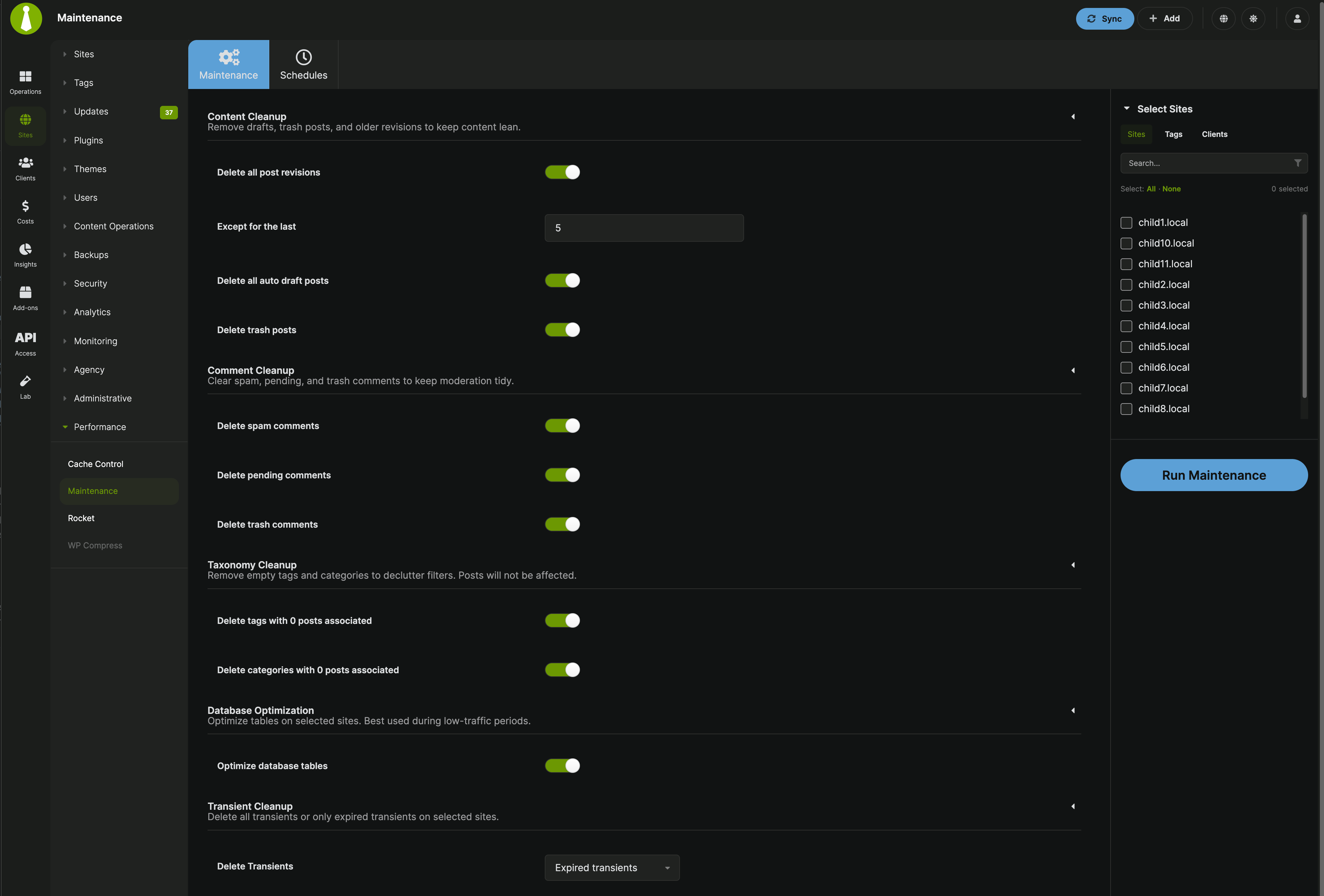 MainWP Maintenance main tab showing cleanup options, transient cleanup, and the Select Sites accordion