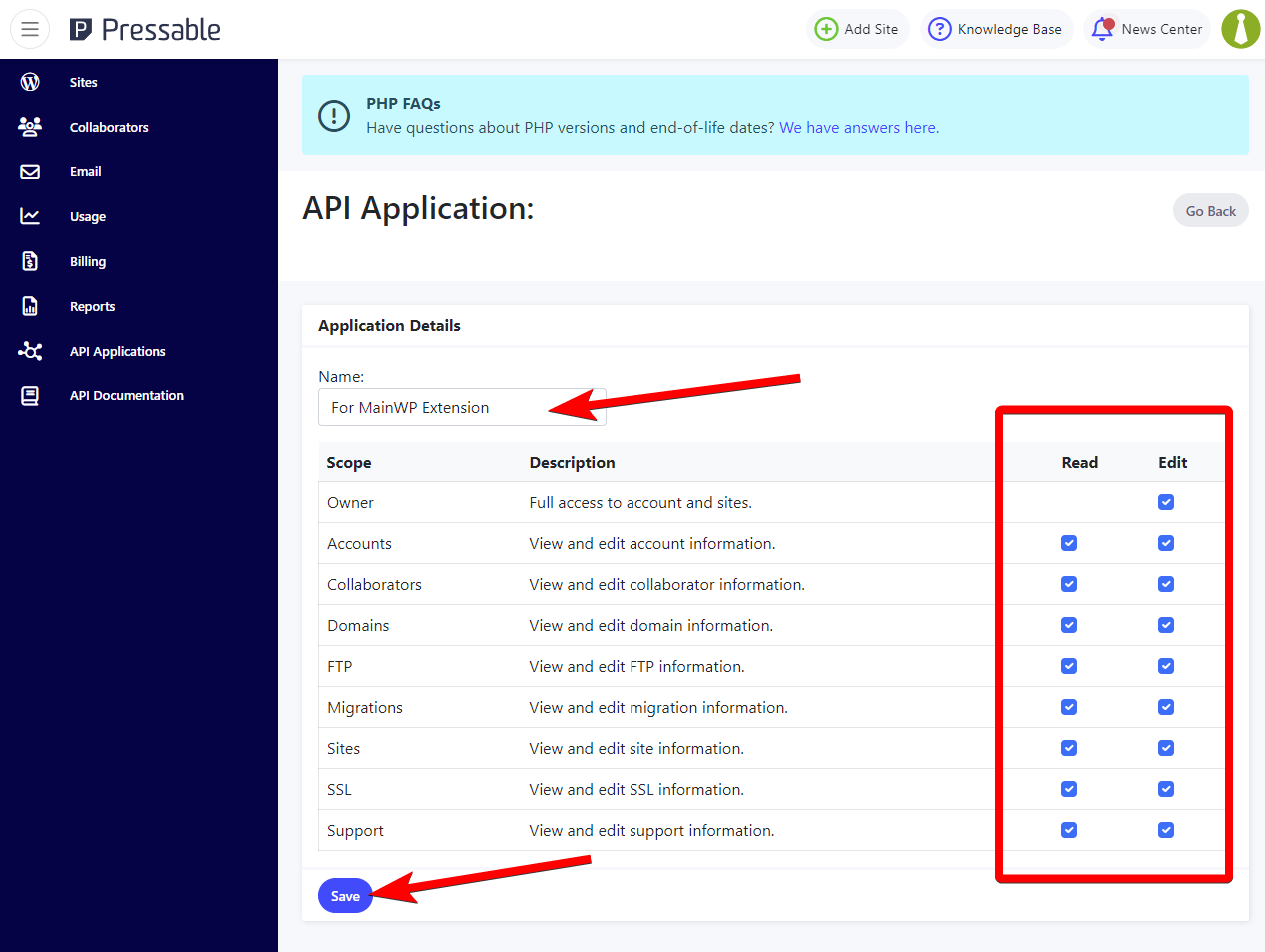 Pressable API Application form with name field and permissions options