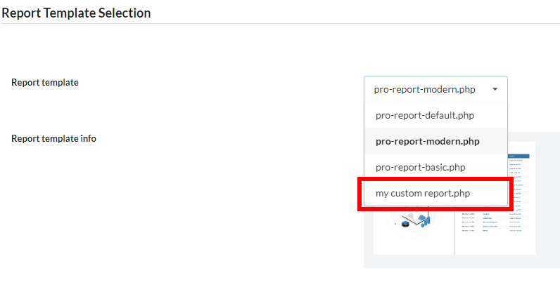 Report template dropdown showing custom template option