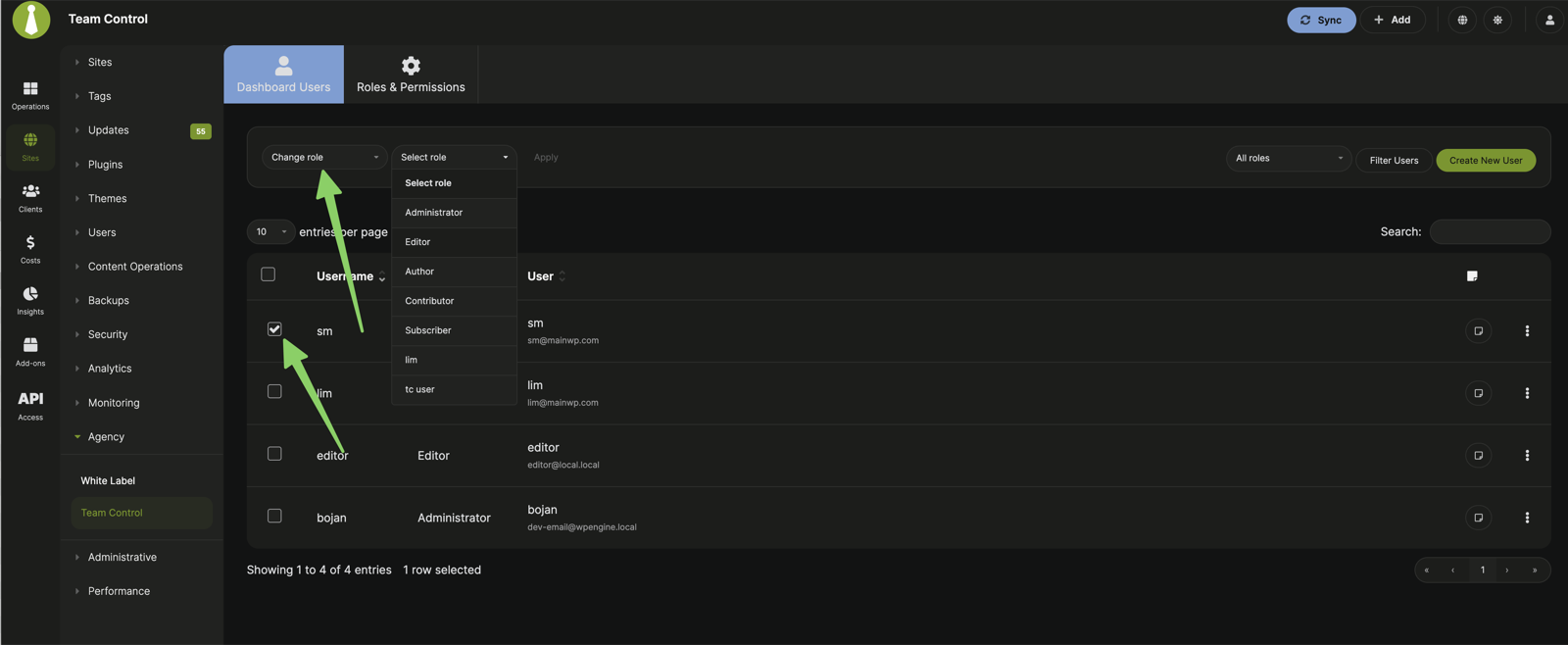 Team Control bulk action menu showing the Change role action and role selector