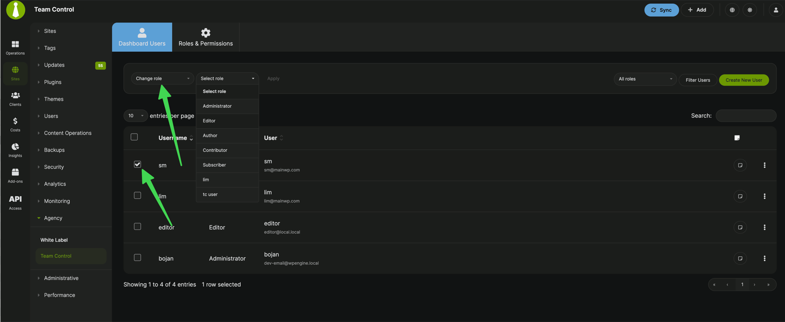 Team Control bulk action menu showing the Change role action and role selector