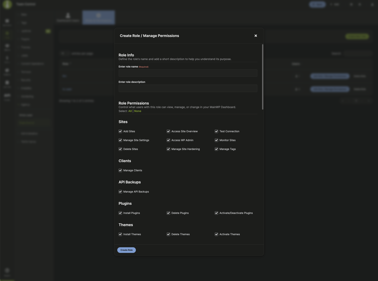 Team Control Create Role modal showing role info and permission sections