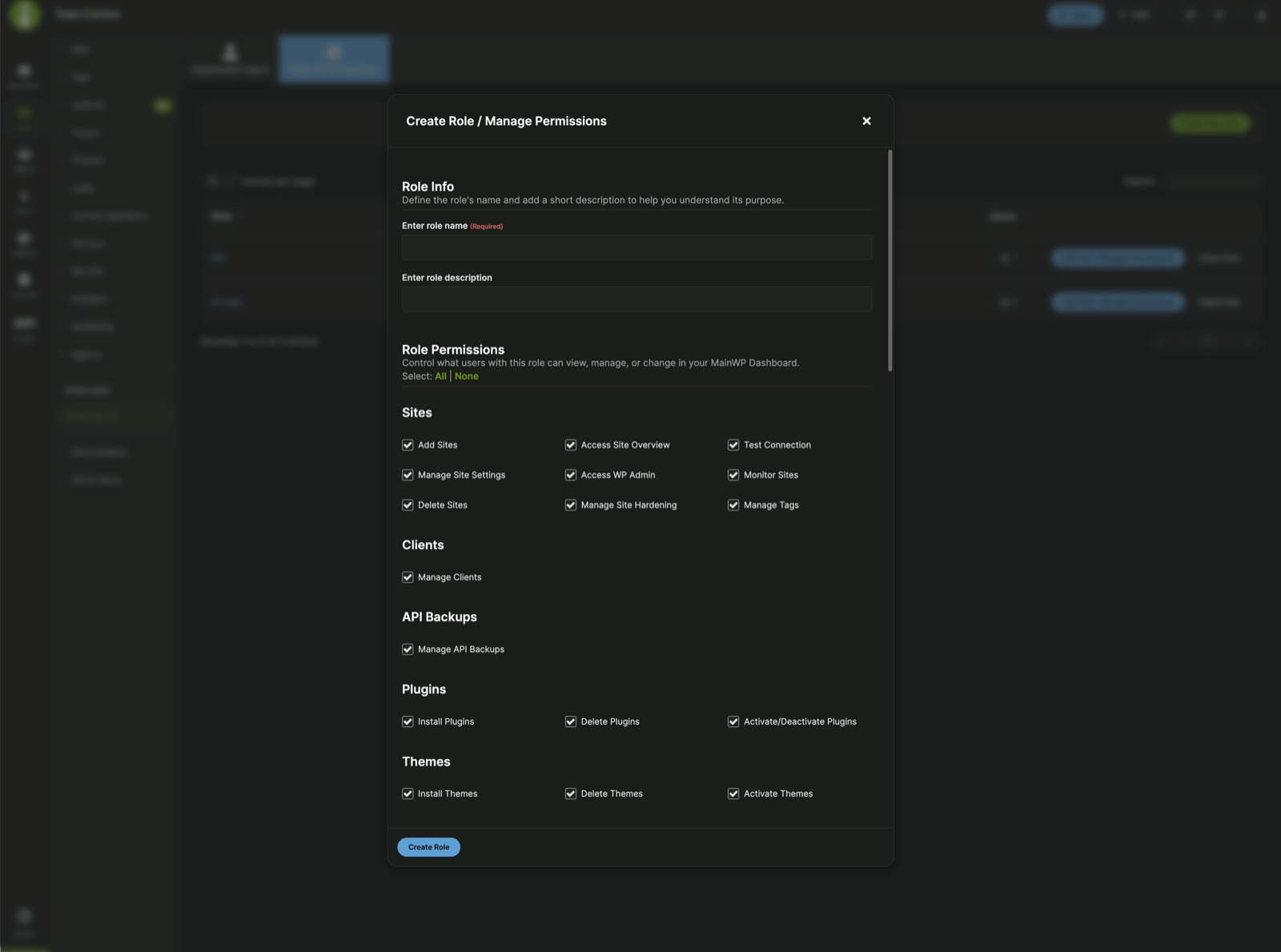 Team Control Create Role modal showing role info and permission sections