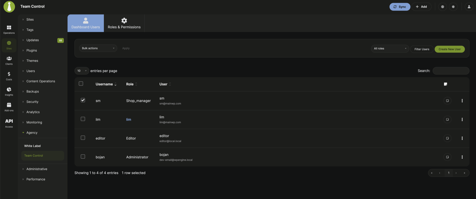 Team Control Dashboard Users tab showing role filters and the users table