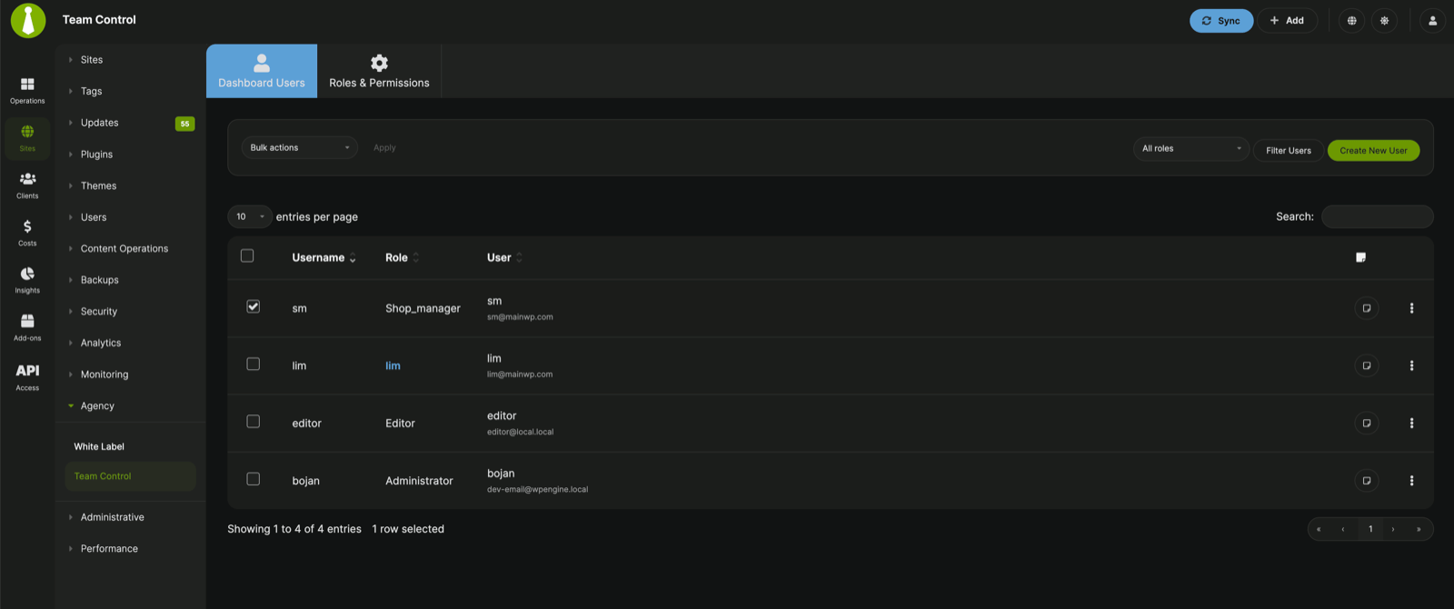 Team Control Dashboard Users tab showing role filters and the users table