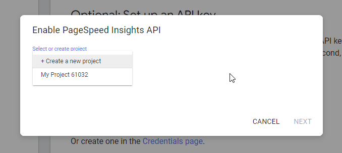 Screenshot of project selection dialog for API key creation