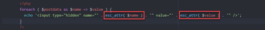 Code showing esc_attr function usage for escaping request parameters