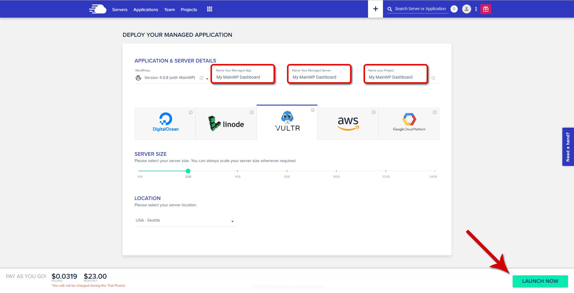 Cloudways - Launch MainWP App