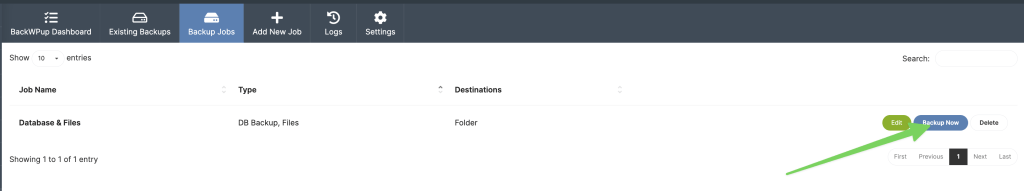 Screenshot showing Backup now action in job list