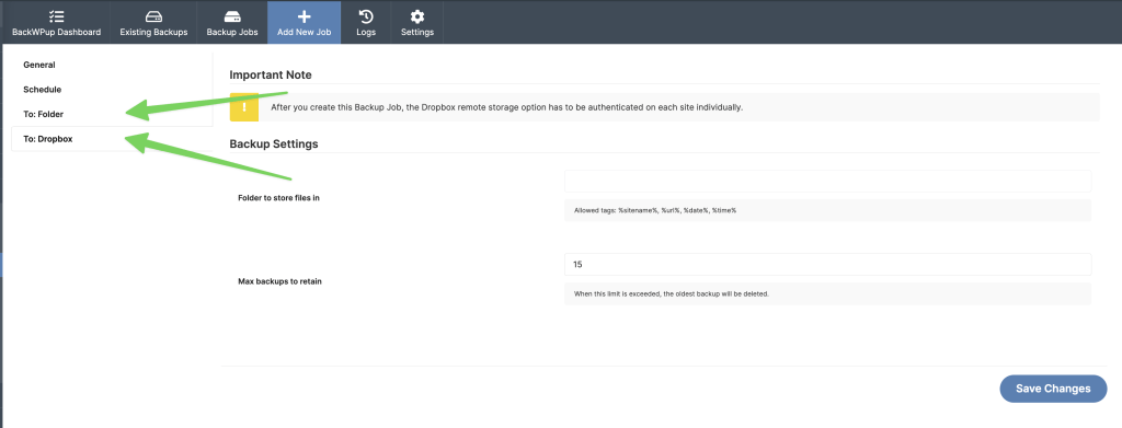 Screenshot of remote storage destination configuration