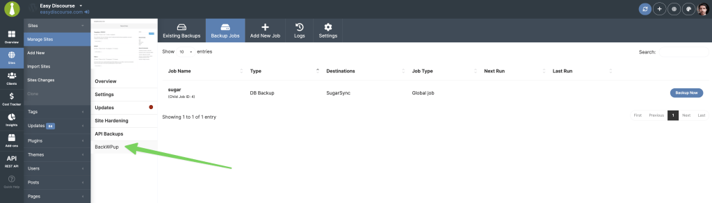 Screenshot highlighting BackWPup option in site sidebar