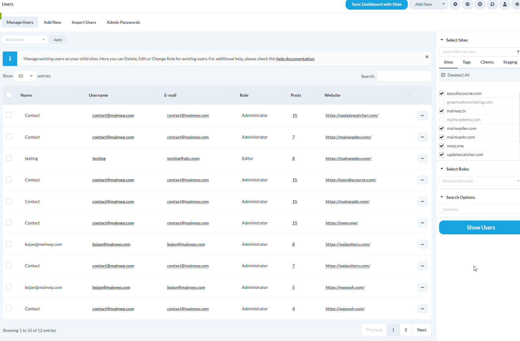 Go to the MainWP > Users > Manage Users page