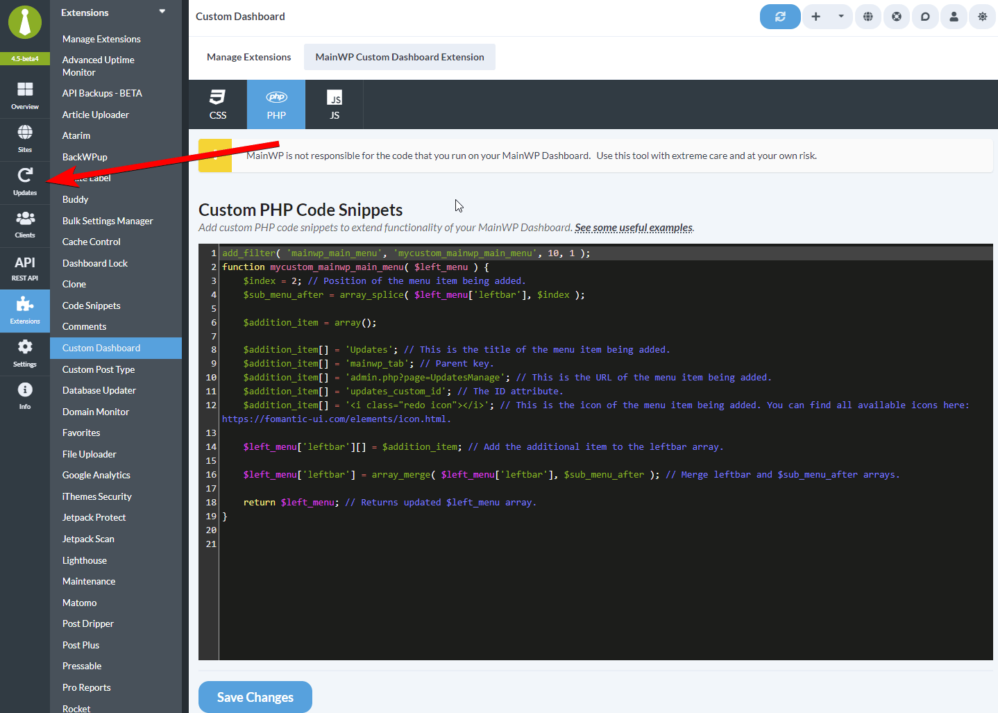 MainWP navigation sidebar showing the new Updates menu entry