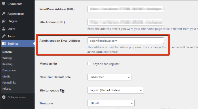 WordPress General Settings page showing the Administration Email Address field