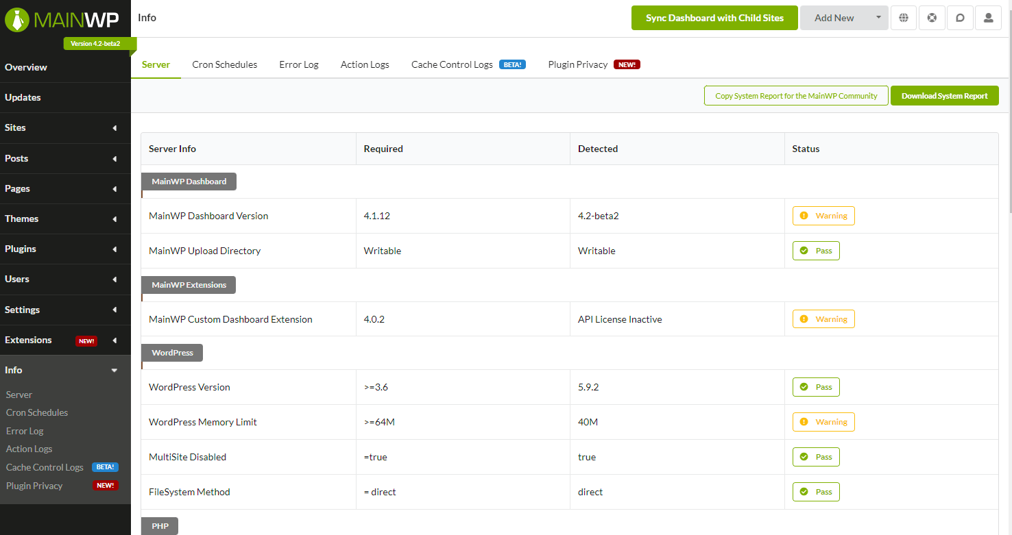 MainWP Dashboard showing New and Beta feature labels