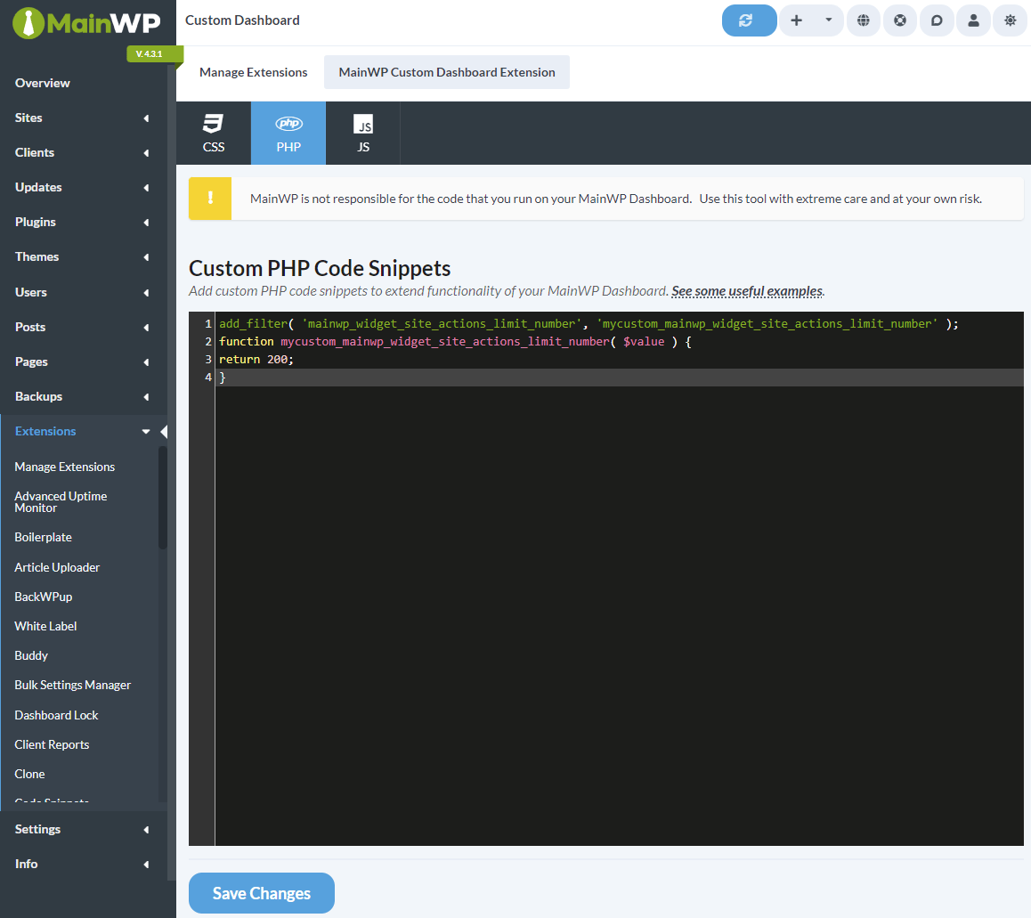 Custom Dashboard extension PHP tab with code snippet