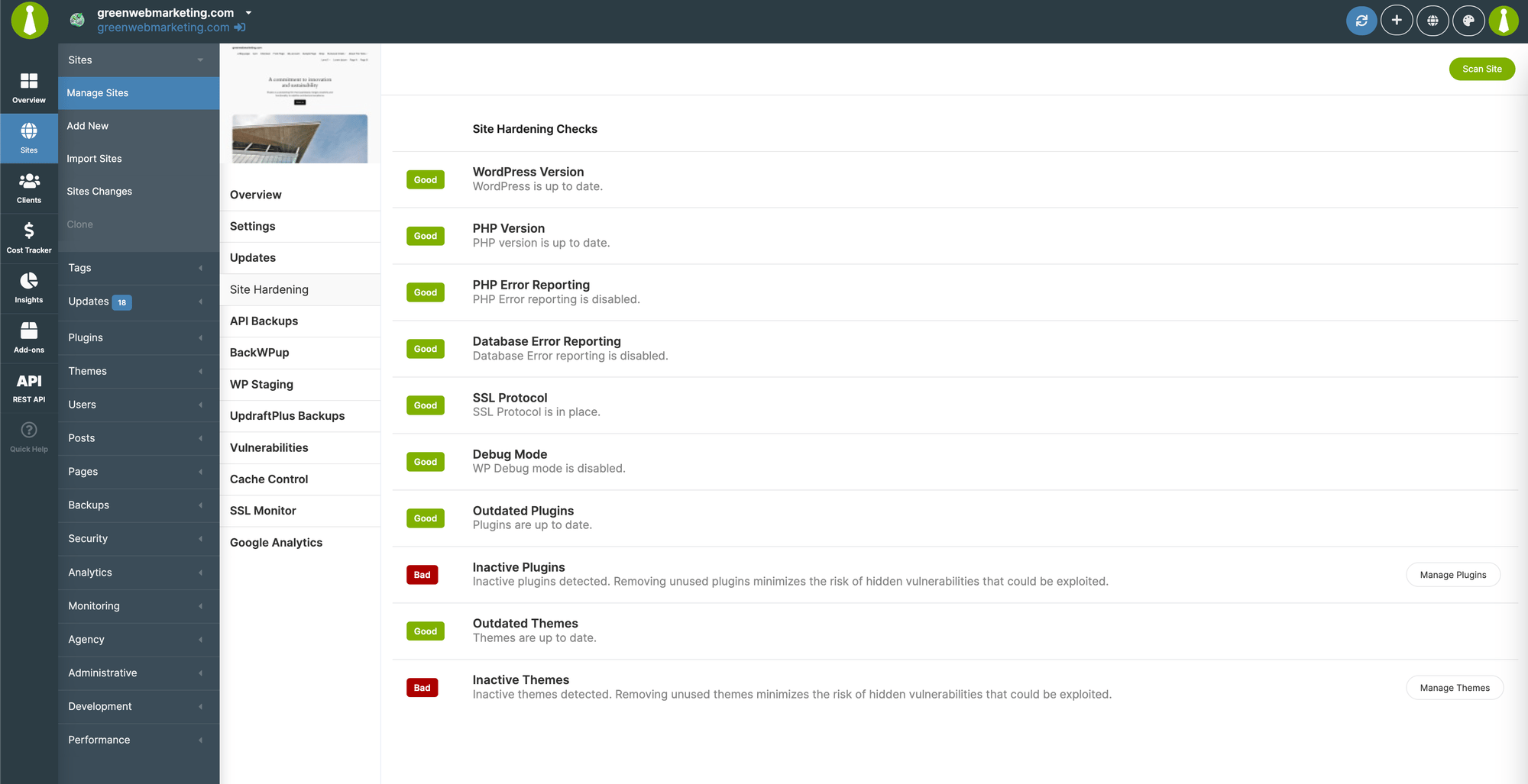MainWP Site Hardening scan showing check results