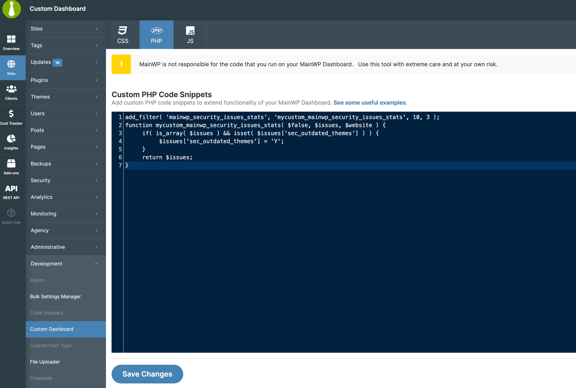Custom Dashboard extension PHP tab for adding code snippets
