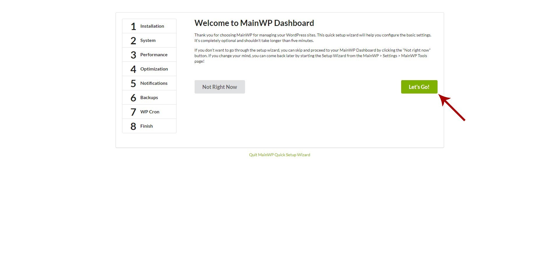 MainWP Quick Setup Wizard welcome screen with Let's Go button