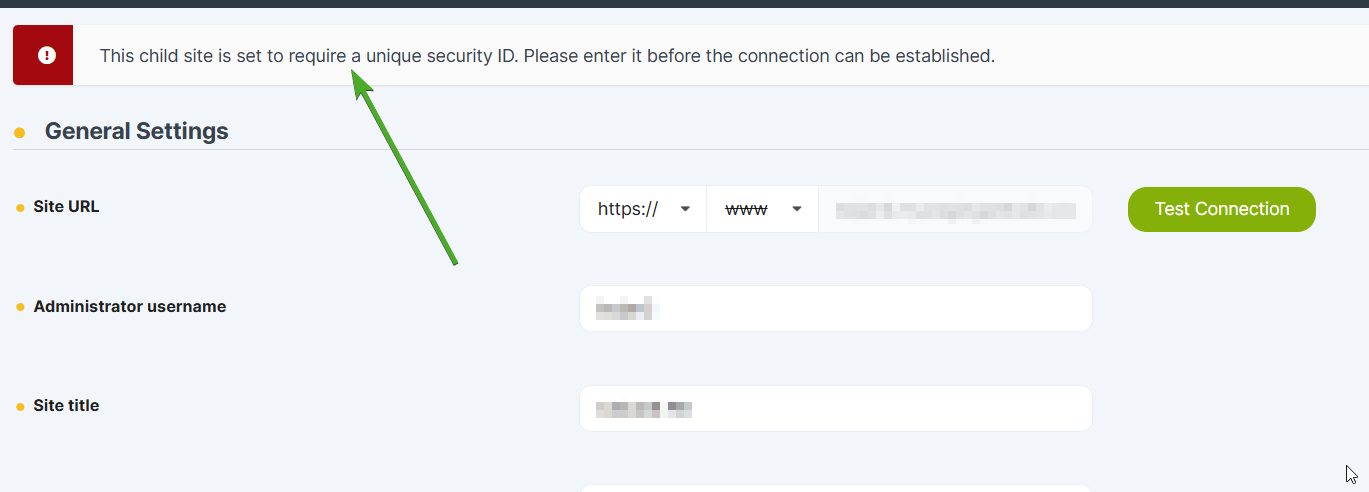 Error message indicating Unique Security ID is required for connection