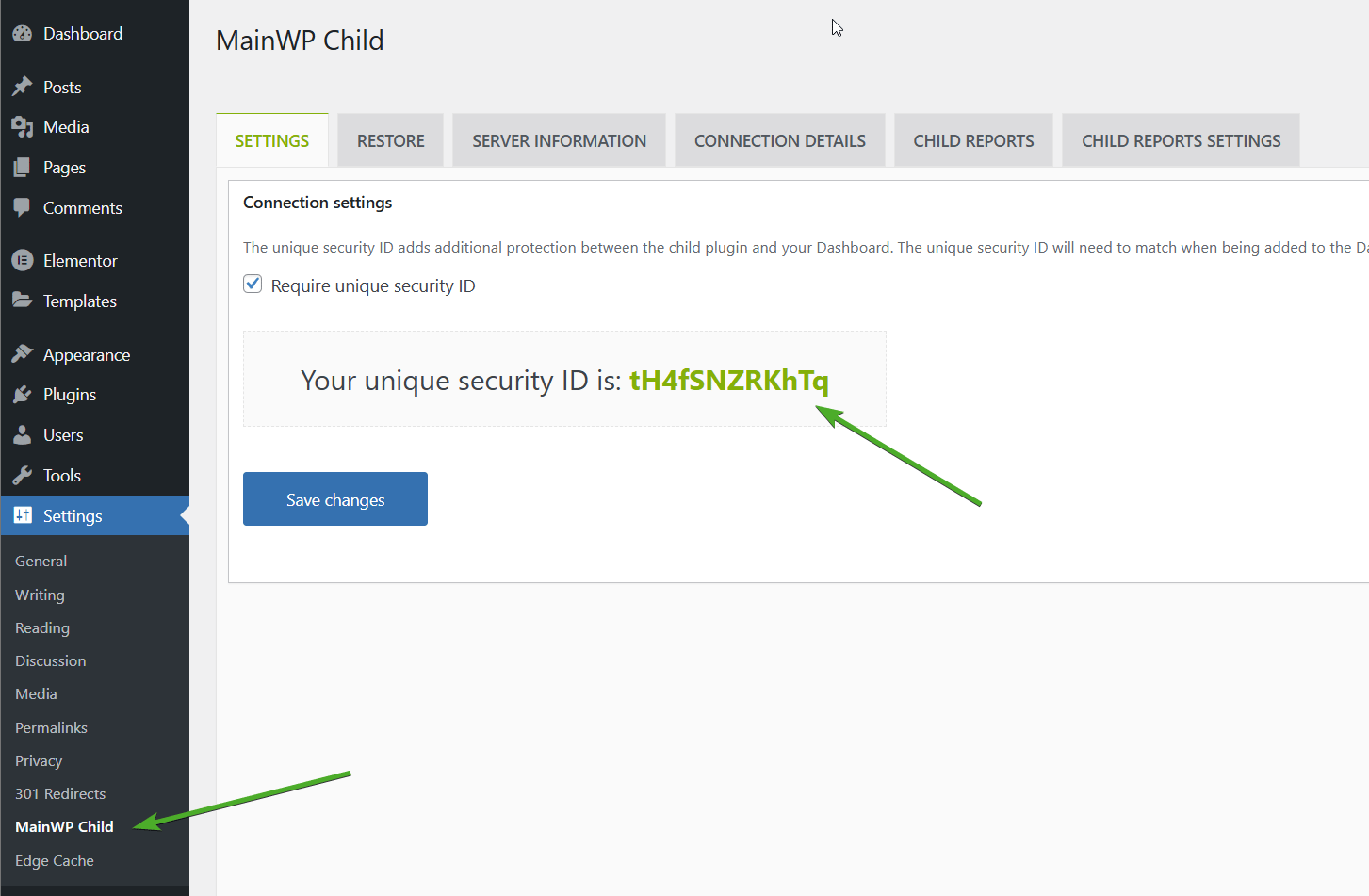 MainWP Child plugin settings showing the Unique Security ID field