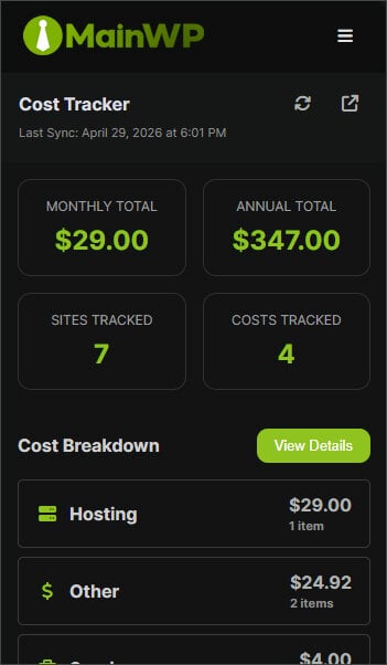 MainWP Browser Extension Cost Tracker view showing cost totals and license expiration alerts