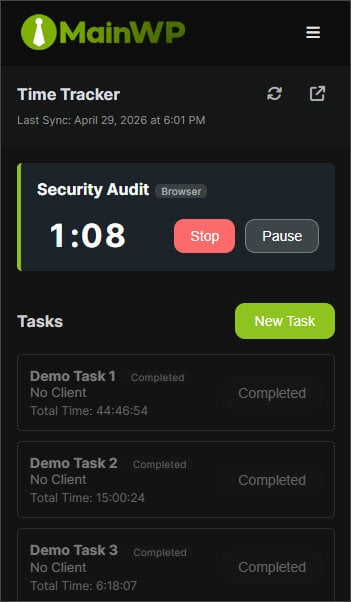 MainWP Browser Extension Time Tracker view with timer controls and paused timers