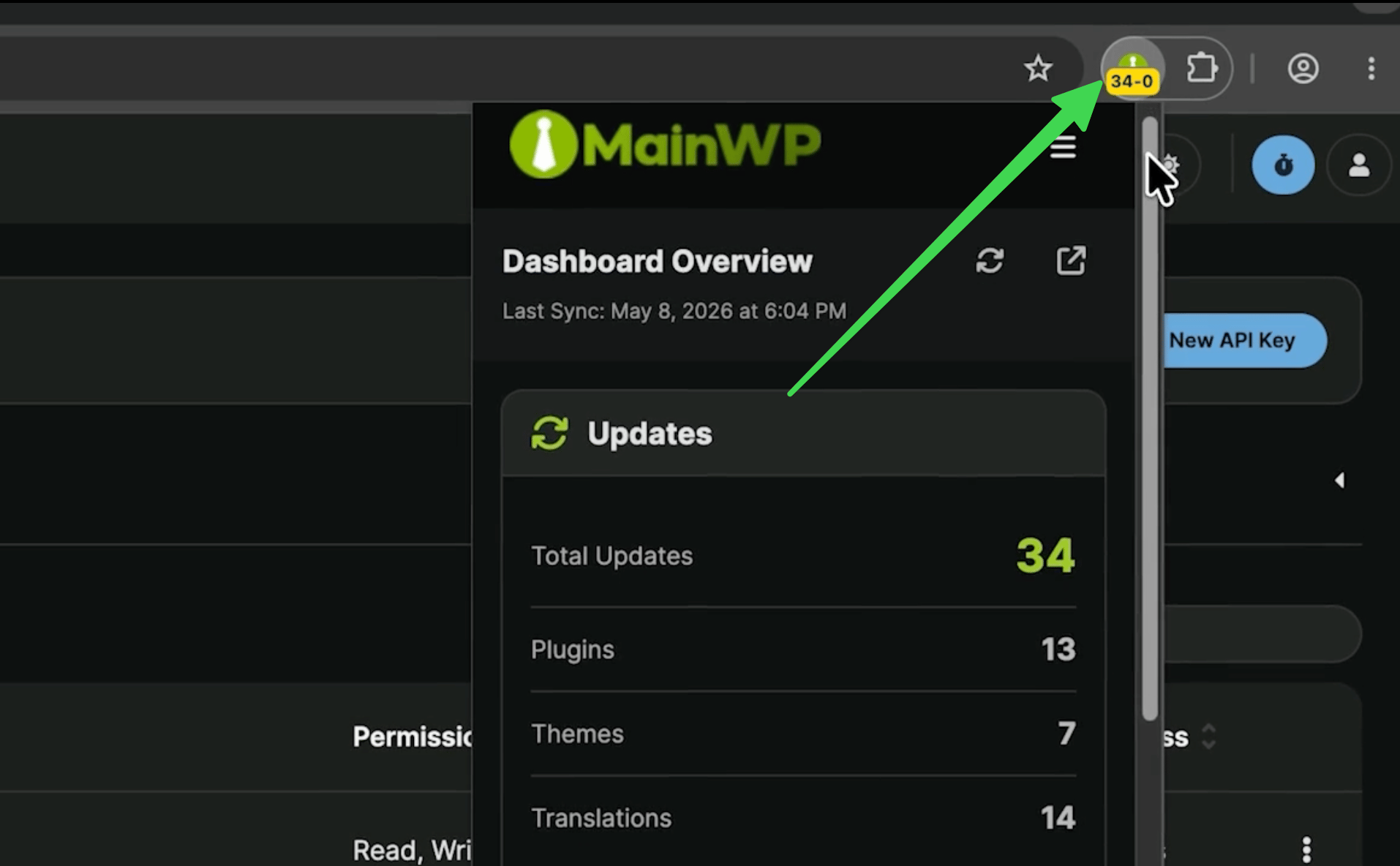 MainWP Browser Extension toolbar popup showing update and tracker status