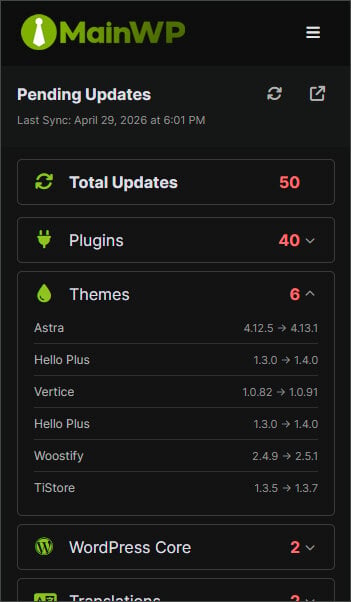 MainWP Browser Extension Updates view showing pending updates and Non-MainWP changes