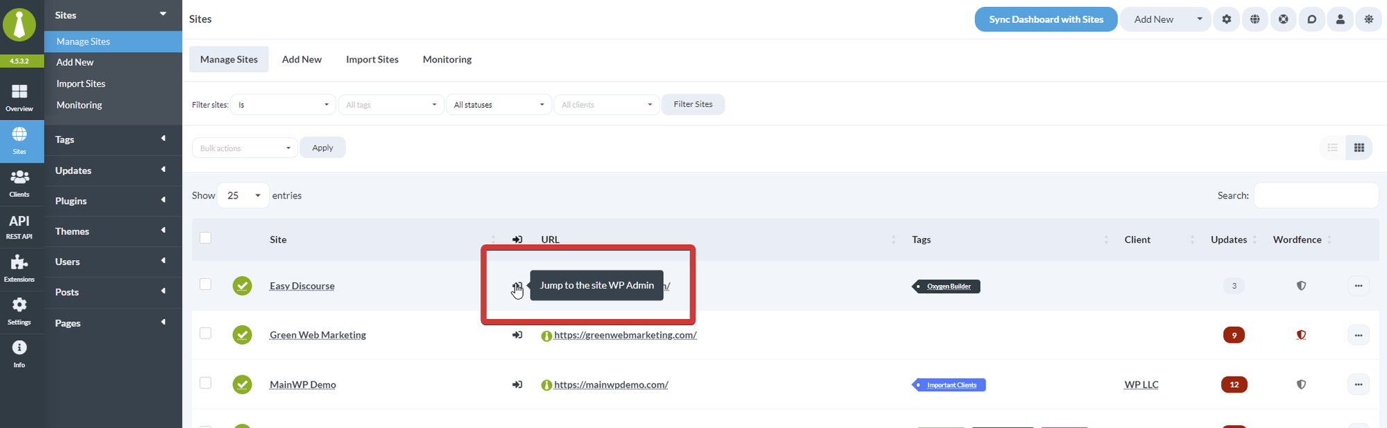 Jump to WP Admin button in the MainWP Dashboard interface