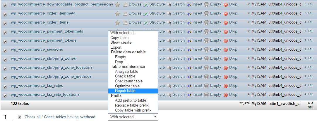phpMyAdmin interface showing table selection and Repair option