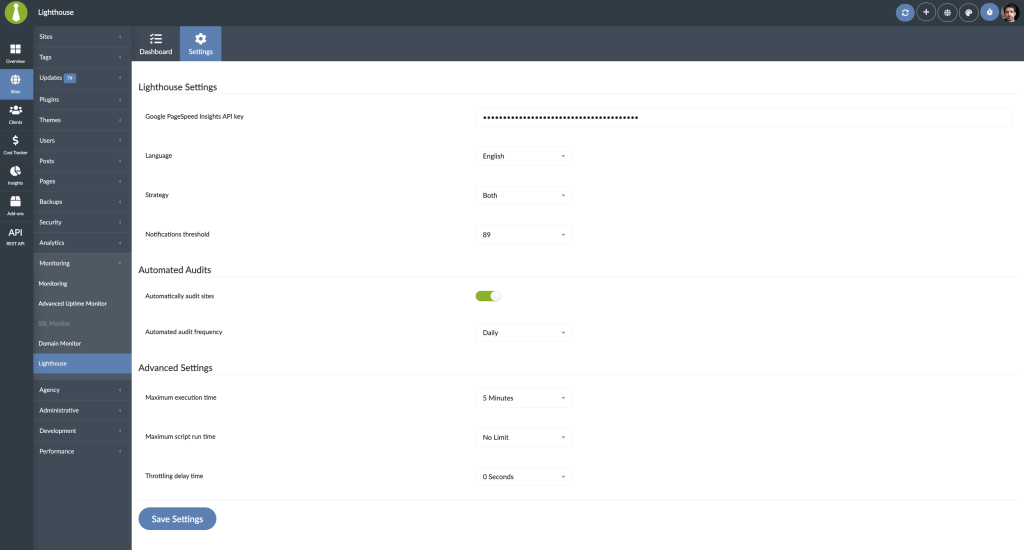 Screenshot of Lighthouse settings page showing all configuration options