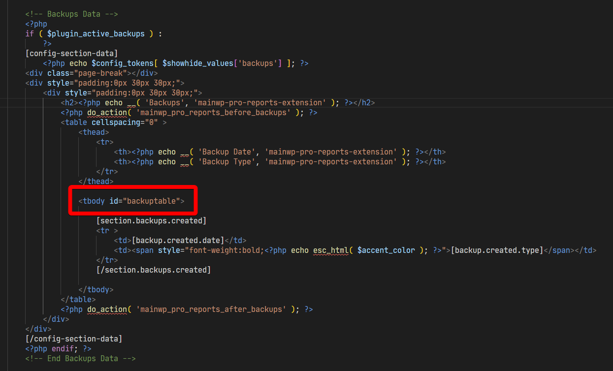 PHP template with CSS ID attached to backup table body