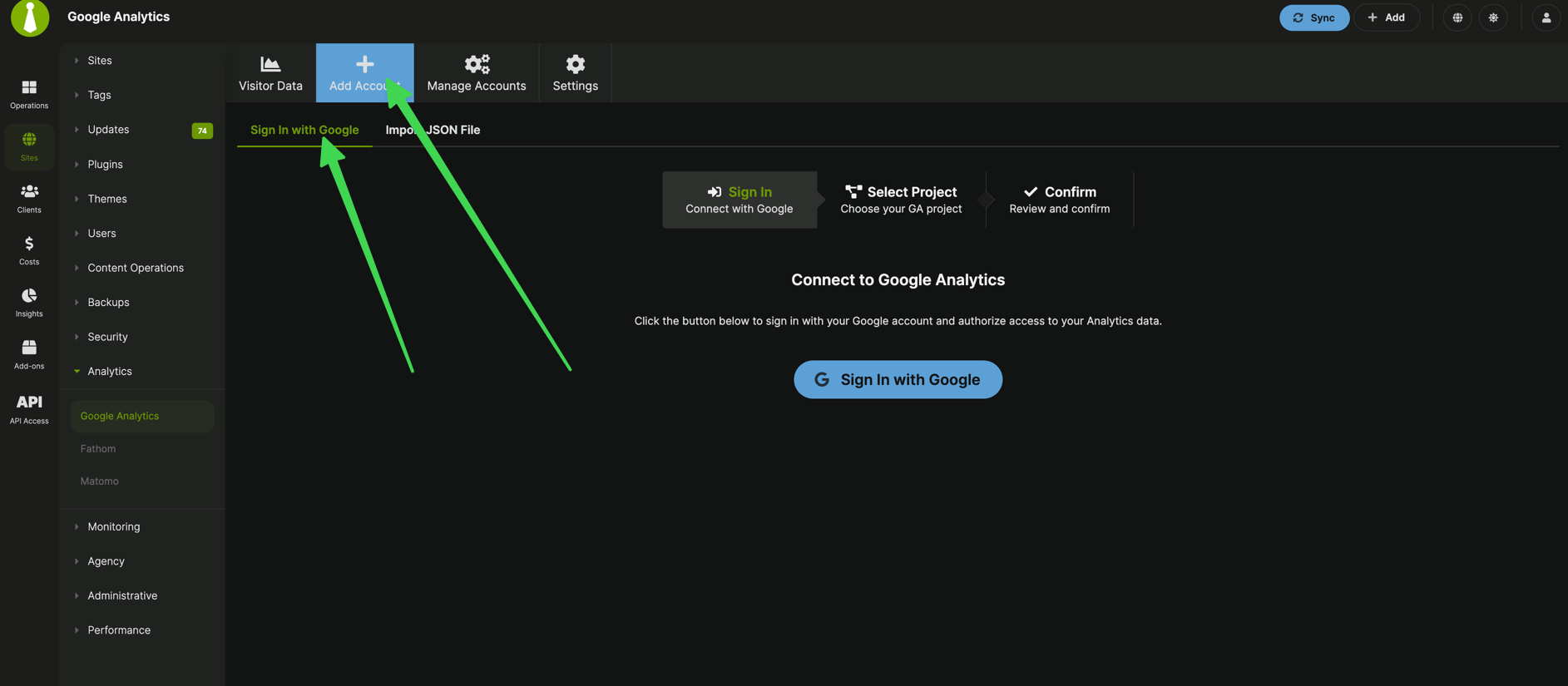 Google Analytics Add Account page with Sign In with Google and Import JSON File options