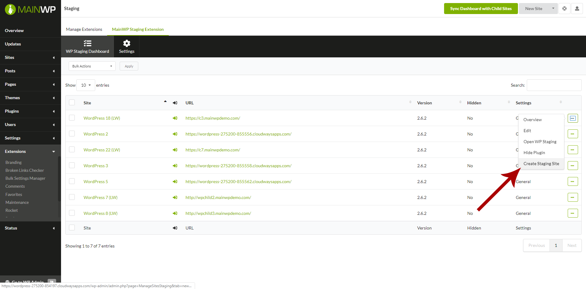 Screenshot showing Create Staging Site action in child sites list