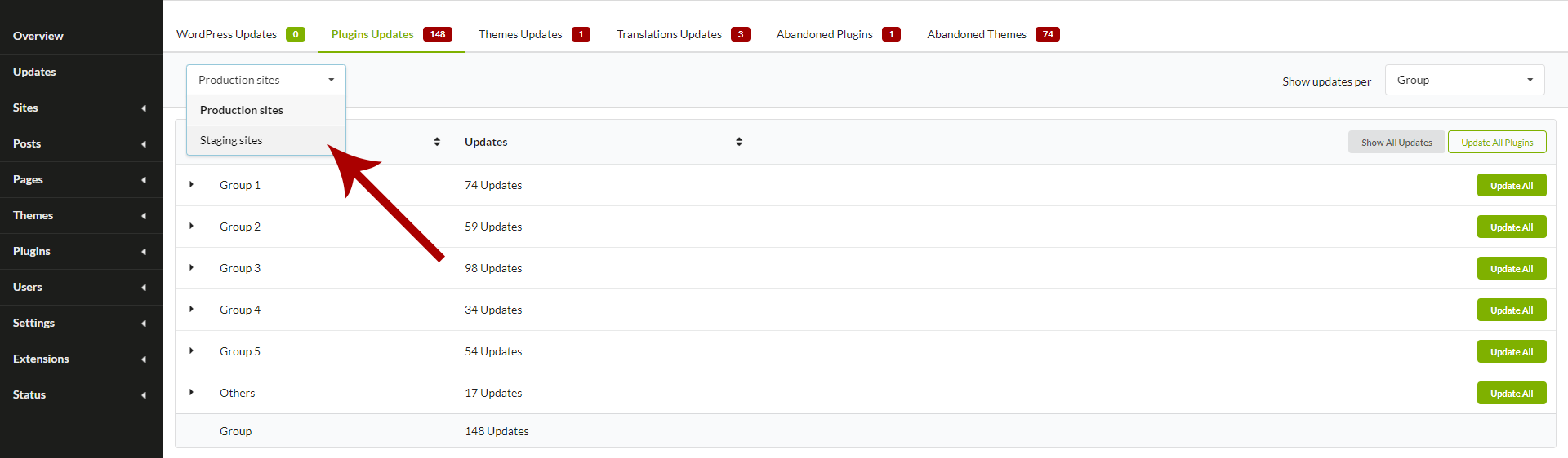Go to the MainWP > Sites > Updates page