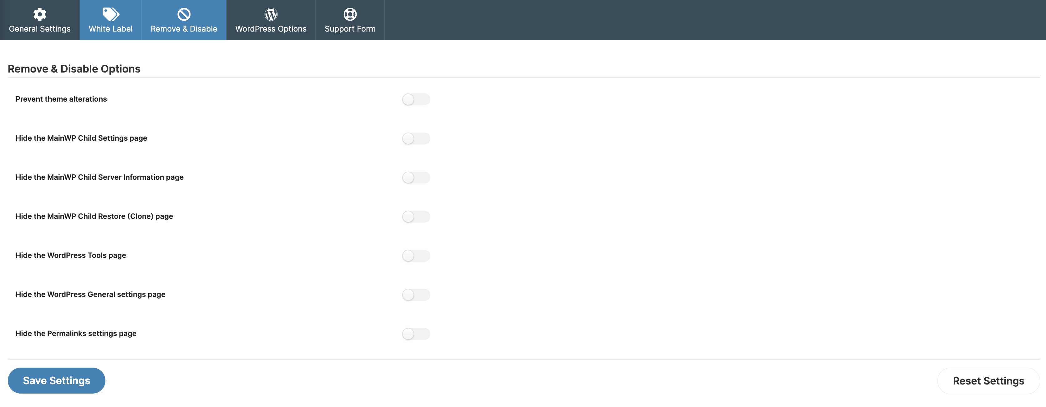 Remove and disable white label options