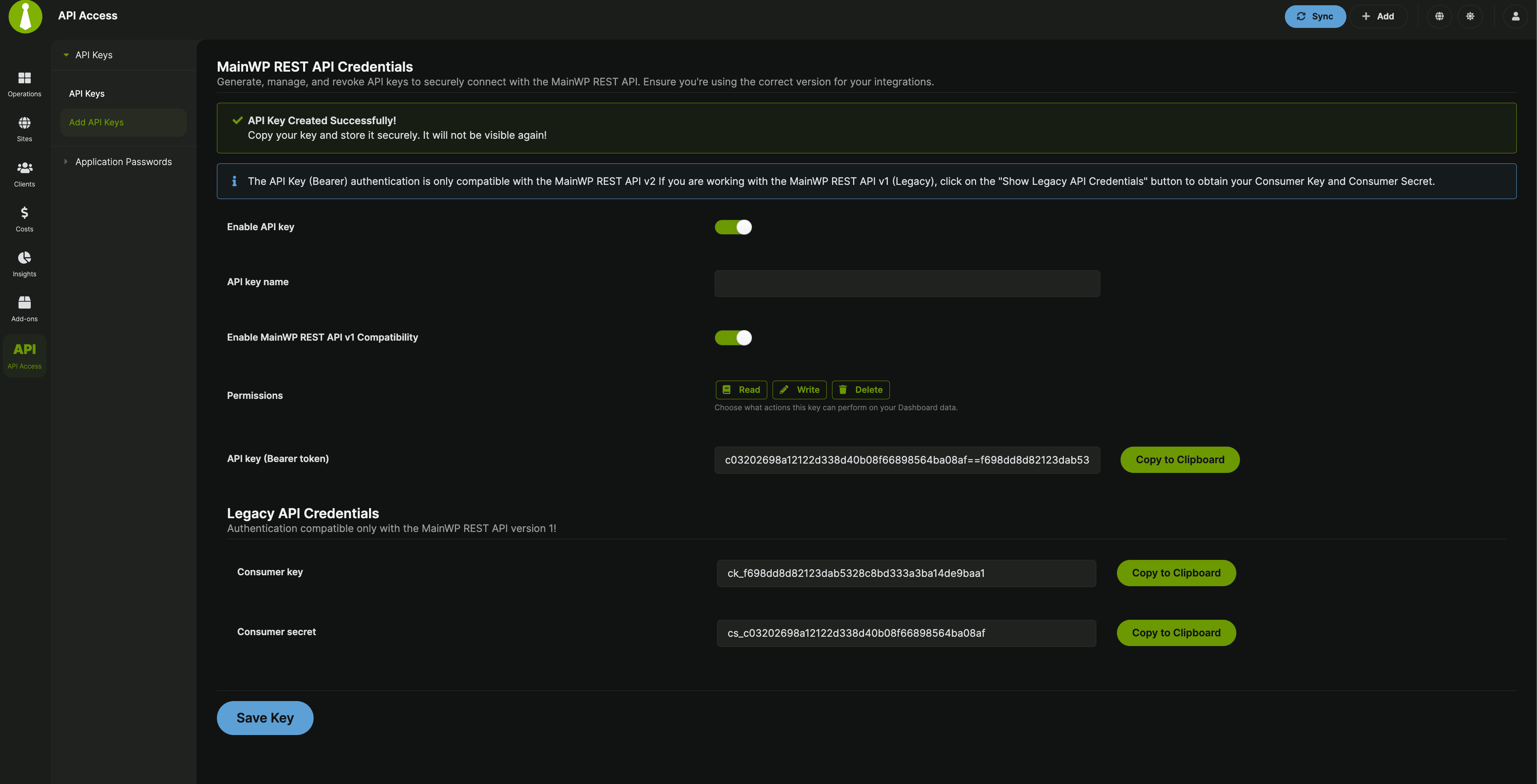 Add API key with v1 compatibility enabled